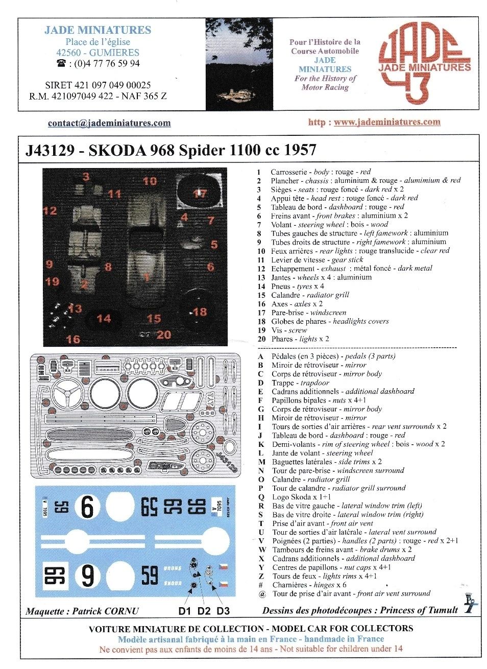 Jade Min. 1:43 - Skoda OHC 968 1.1 sport 1957 4 versions resin kit to built
