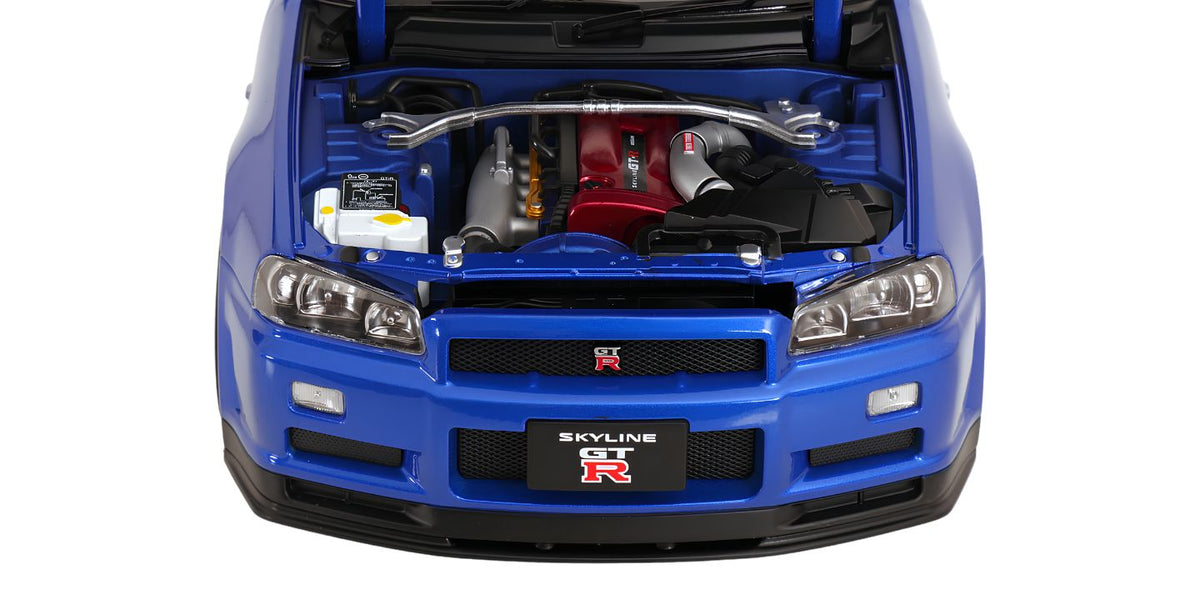 KK SCALE 1:12 - Nissan Skyline GT-R (R34) V-Spec II Cerchi OEM 2001 blu met **OPEN DOORS+ENGINE**