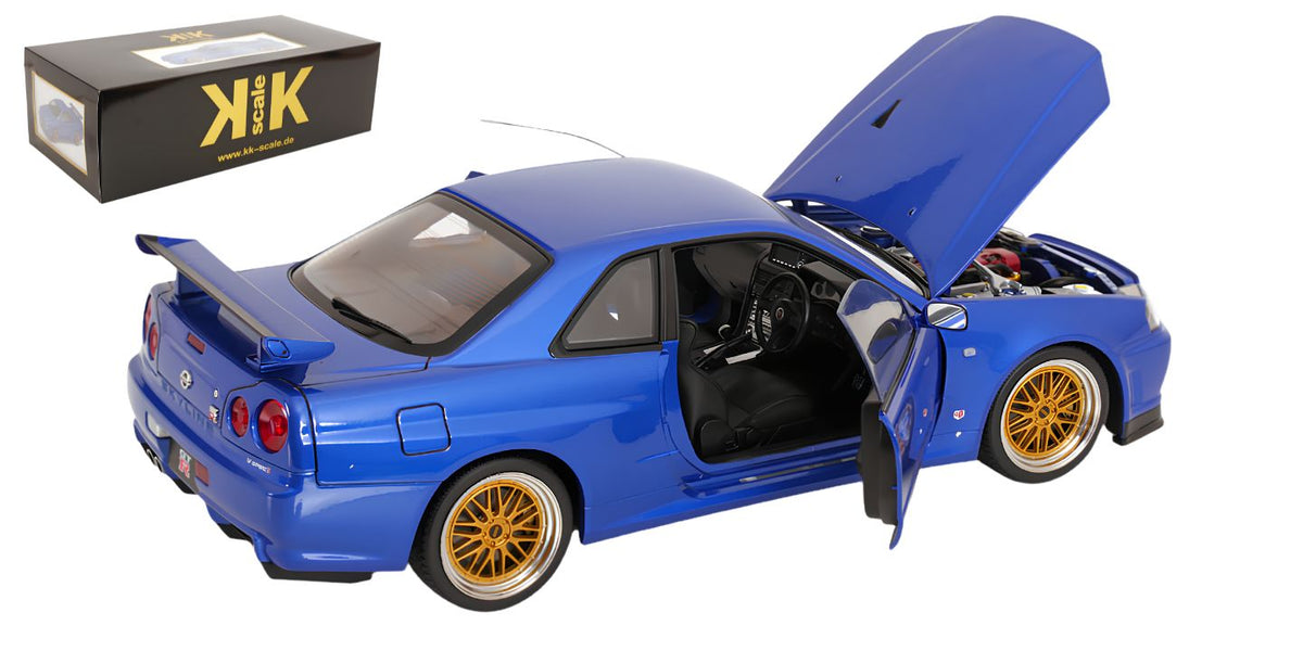 KK SCALE 1:12 - Nissan Skyline GT-R (R34) V-Spec II Cerchi BBR 2001 blu met **OPEN DOORS+ENGINE** (Copia)