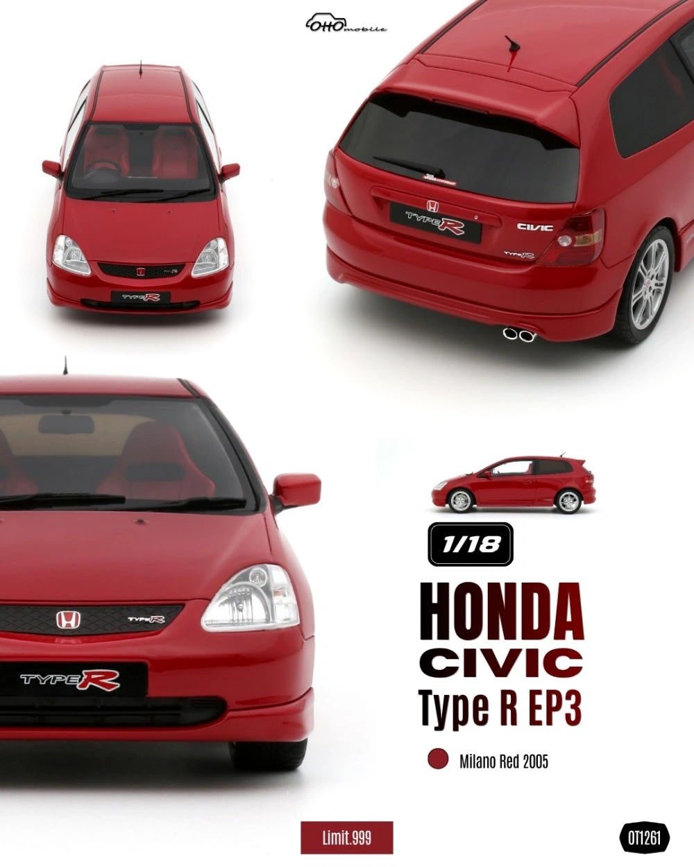 **PRE-ORDER** OTTOMOBILE 1:18 - HONDA CIVIC TYPE R EP3 MILANO RED 2005 Ltd. 999pcs