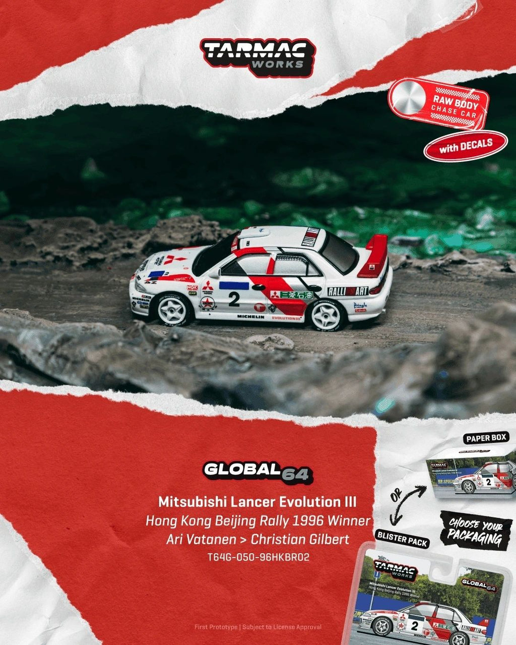**PRE-ORDER** TARMAC - 1:64 MITSUBISHI LANCER EVO III VATANEN-GILBERT HONG KONG BEIJING RALLY WINNER 1996
