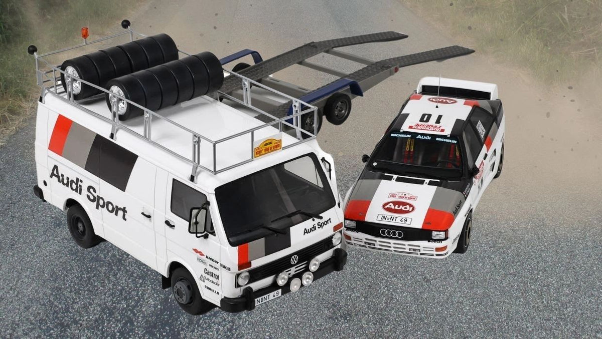 OTTOMOBILE 1:18 - Set Assistance Audi Quattro A2 Gr.B Mouton + VW LT35 Tour de Corse 1983